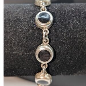 925 Sterling Silver Mexico Black Onyx Box Clasp Vintage Bracelet